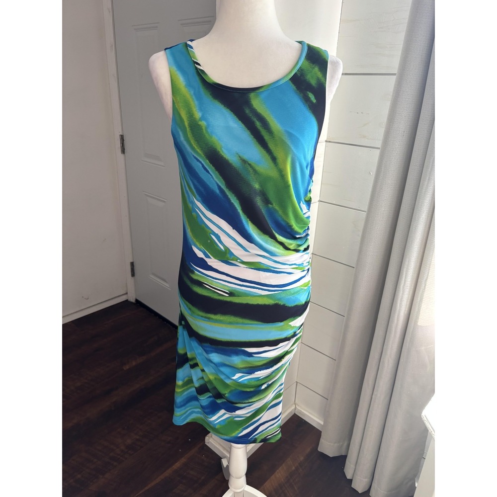Joseph Ribkoff Dress Womens 10 Blue Green Abstract Sleeveless Ruched Sheath‎